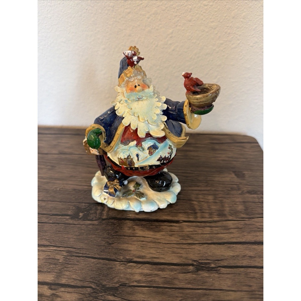 Whimsical Folk Art Santa Figurine Cardinal Bird Nest Winter Scene Resin 5.5"